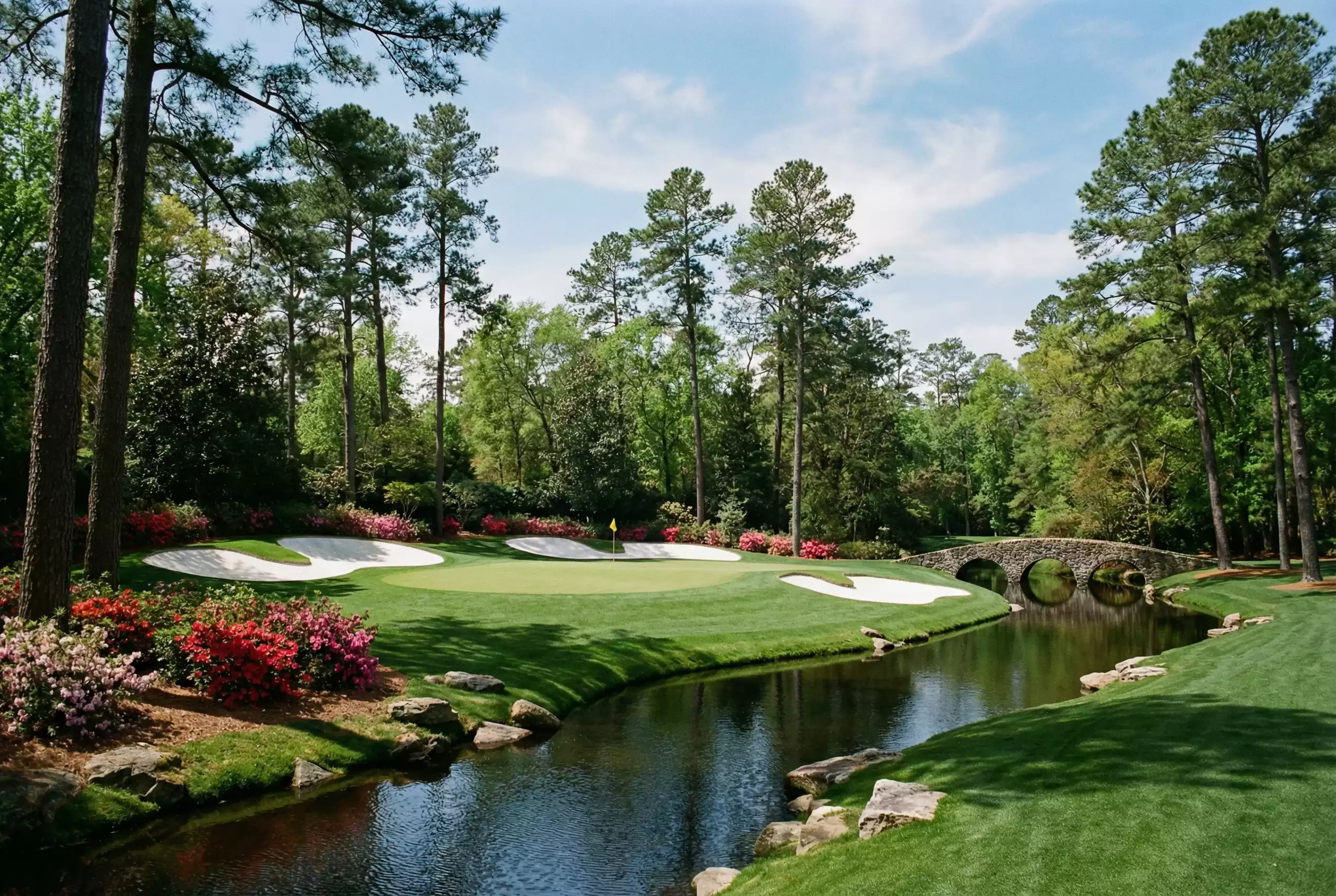 Vista del hoyo 12 de Augusta National conocido como Golden Bell con Raes Creek